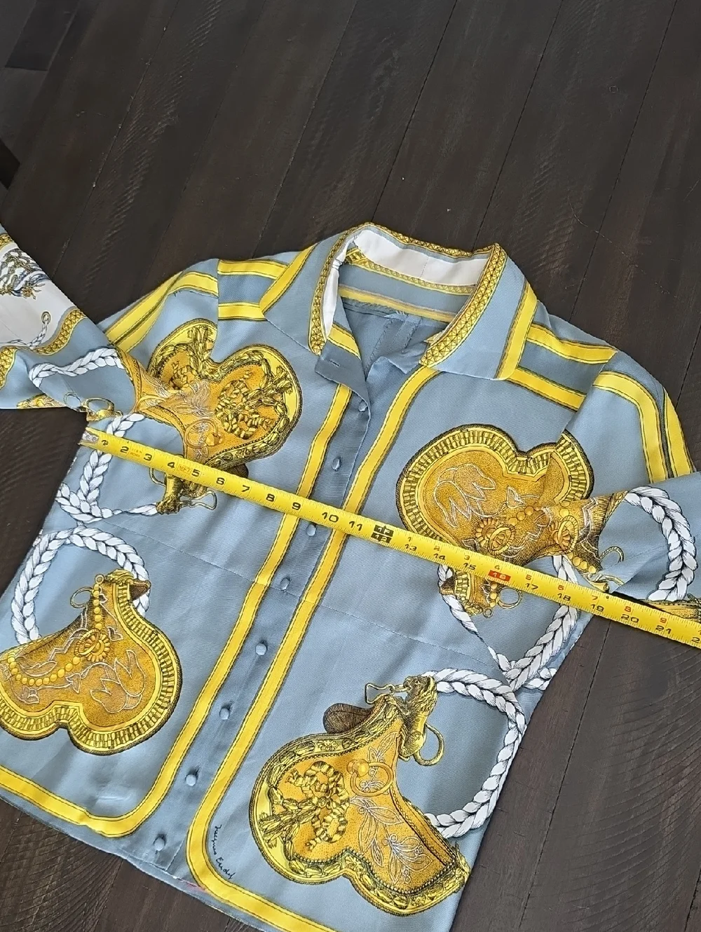 VTG Hermes 100% Silk Button-Up Blouse Equestrian Print Gray Yellow Authentic, 44 - Picture 12 of 15